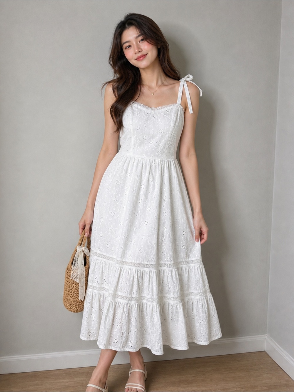 Lucky Brand White Eyelet Tie-Shoulder Midi Dress NWT